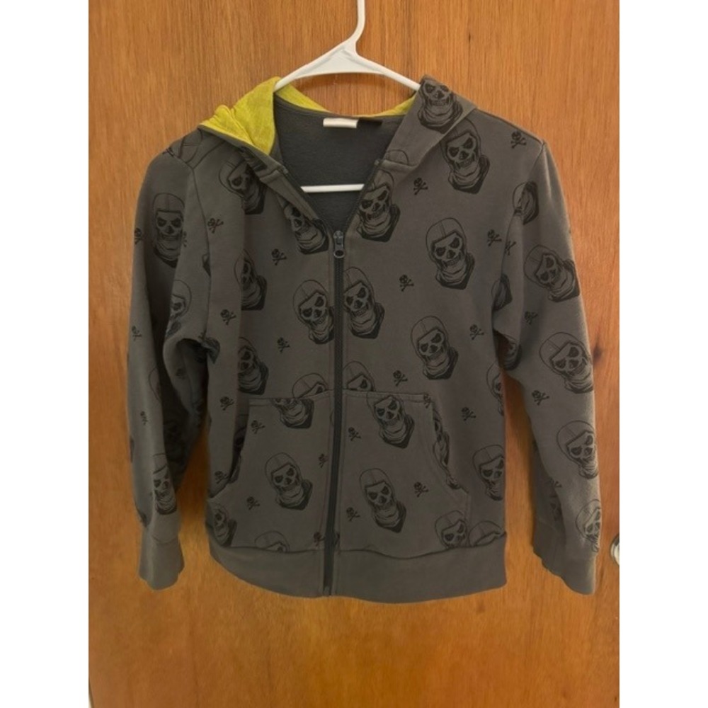 Fortnite Kids Gray Skull Print Zip Up Hoodie Sweatshirt Medium MD